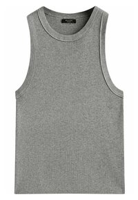 Gray ribbed sleeveless knit tank top with round neckline and a black label at the back collar.