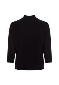 Schwarzer, gerippter Strickpullover mit hohem Kragen und Dreiviertelärmeln. Hat eine lässige Passform und keine sichtbaren Akzente oder Muster.