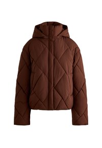 Brun pufferjakke med hætte. Har et quiltet design med diamantmønstre, en høj halsudskæring, og cropped ærmer. Glat tekstur.