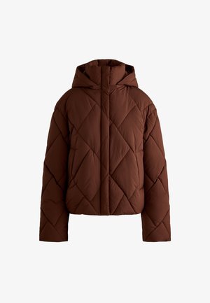 Braune Daunenjacke mit Kapuze. Verfügt über ein gestepptes Design mit Rautenmuster, einem hohen Kragen und kurzen Ärmeln. Glatte Textur.