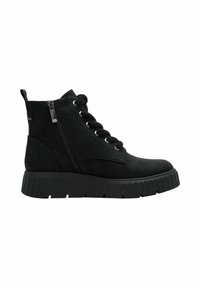 Schwarze Knöchelstiefel mit einem strukturierten synthetischen Obermaterial, runder Spitze, vorderer Schnürung und seitlichem Reißverschluss. Sie verfügen über eine dicke, geriffelte Sohle für guten Halt.
