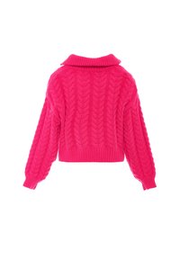 Maglione rosa in maglia a treccia con colletto a coste, maniche a palloncino e lunghezza cropped. Presenta un motivo testurizzato su tutta la superficie del tessuto.