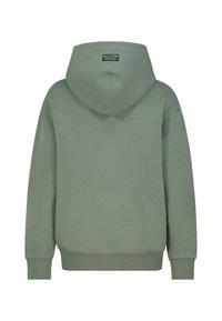 Capuchontrui in gedempt groen, gemaakt van zacht materiaal met ribbelmanchetten en -zoom. Heeft een gestikt label aan de achterkant van de halslijn.