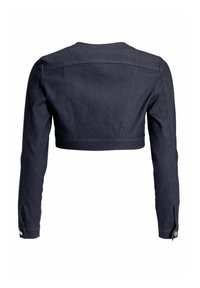 Veste en jean bleu foncé raccourcie vue de dos, dotée de manches longues avec poignets boutonnés et détails de coutures apparentes.