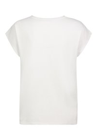 White cotton t-shirt with a relaxed fit, short cap sleeves, and a round neckline; smooth texture, simple design, and no visible patterns.