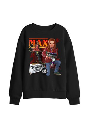 Black sweatshirt with a graphic of Max from Stranger Things holding a device, with the show's logo and a Demogorgon creature behind her.