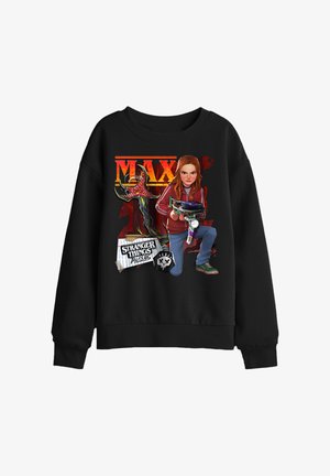 Black sweatshirt with a graphic of Max from Stranger Things holding a device, with the show's logo and a Demogorgon creature behind her.