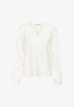 Bela bluzica z dolgimi rokavi in V-izrezom, s nabranimi detajli na ramenuh in elastičnimi manšetami. Narejena iz lahkotnega, teksturiranega materiala.