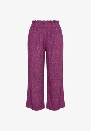 Lila weite Hose mit dezentem strukturiertem Muster und elastischem, gerafftem Bund, knöchellang, lockere Passform.