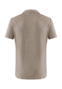 Beige polo skjorta, kortärmad, bomullsblandning, standard passform, har krage, slät textur och enkel design.