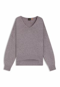 Jasnofioletowy sweter dzianinowy z dekoltem w serek, długimi rękawami, żebrowanym dołem oraz ozdobnymi otworami na wysokości klatki piersiowej. Miękka tekstura i luźny krój.