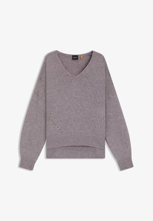 Hellpurpurner Strickpullover mit V-Ausschnitt, langen Ärmeln, geripptem Saum und dekorativen Löchern entlang der Brust. Weiche Textur und lockere Passform.