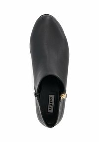 Black leather ankle boot with a rounded toe, featuring a crocodile texture accent, side zipper, and a subtle gold hardware detail.