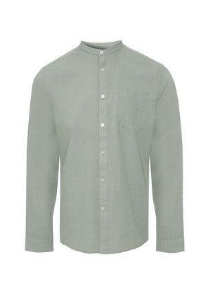 Hellgrünes Langarmhemd mit Stehkragen, Frontknöpfen und einer Brusttasche. Hergestellt aus einem strukturierten Stoff.