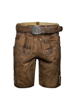 Bruine leren shorts met decoratieve borduursels, brede tailleband en metalen zilveren gesp. Bevat zakken en knoopaccenten aan de zijkanten.