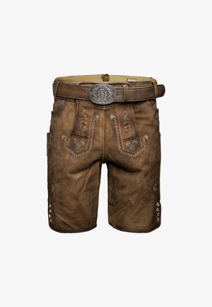 Bruine leren shorts met decoratieve borduursels, brede tailleband en metalen zilveren gesp. Bevat zakken en knoopaccenten aan de zijkanten.