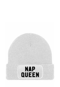 Gray knit beanie with a folded cuff featuring a rectangular white patch displaying the text "NAP QUEEN" in bold black font.