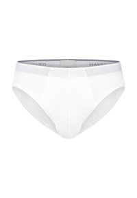 Weiße Baumwollunterwäsche mit glatter Textur, elastischem Taillenbund mit Markenlogo und klassischem Schnitt für Komfort und Passform.