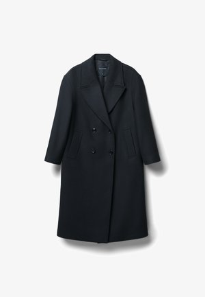 Cappotto lungo in misto lana nero con chiusura doppiopetto, ampi revers, due tasche laterali e taglio dritto. Tessuto liscio, senza motivi visibili.