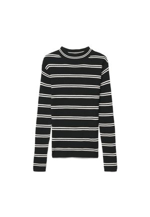 Maglione nero a coste con maniche lunghe, righe orizzontali bianche e scollo tondo, mostrato su sfondo bianco.