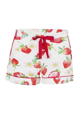 Białe bawełniane szorty z czerwonym nadrukiem truskawek, czerwonym obszyciem i czerwoną kokardą ze sznurka w pasie.