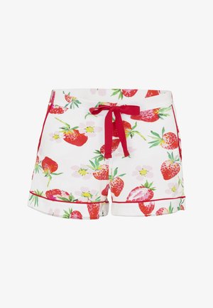 Białe bawełniane szorty z czerwonym nadrukiem truskawek, czerwonym obszyciem i czerwoną kokardą ze sznurka w pasie.
