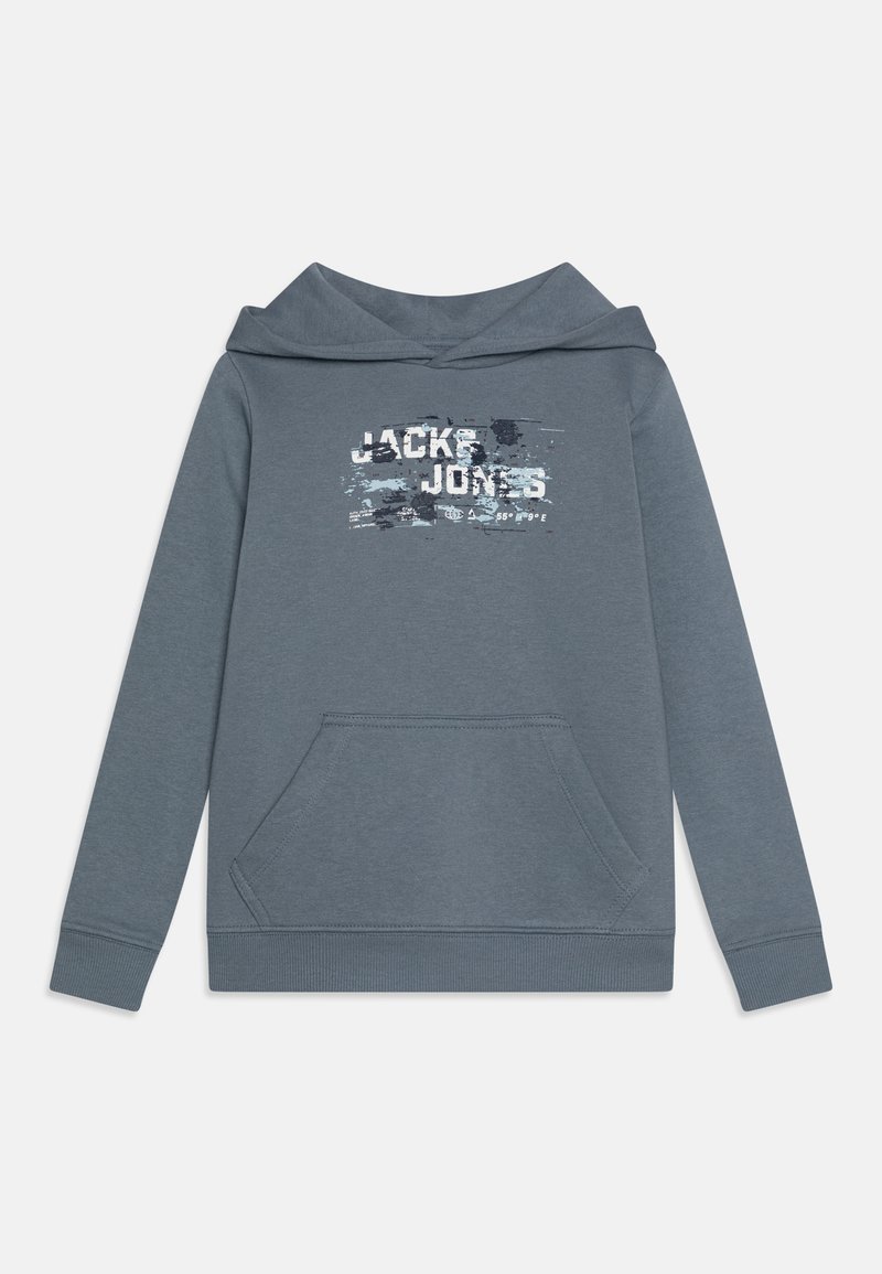 Harmaa huppari, jossa on edessä kenguru-tasku, vuorattu huppu ja kulunut valkoinen grafiikkapainatus "JACK & JONES" rinnassa.