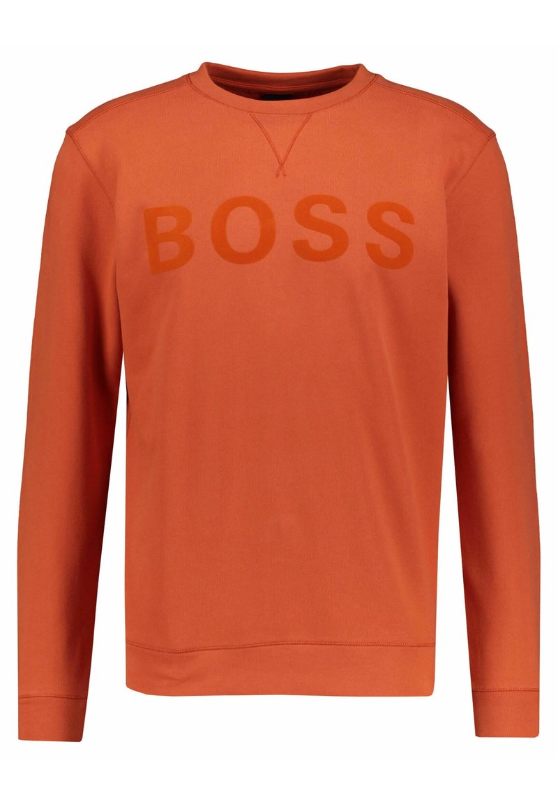 Sudadera naranja de manga larga, con un logo tonal "BOSS" en el frente. Está hecha de un tejido suave, tiene un cuello redondo y puños acanalados.