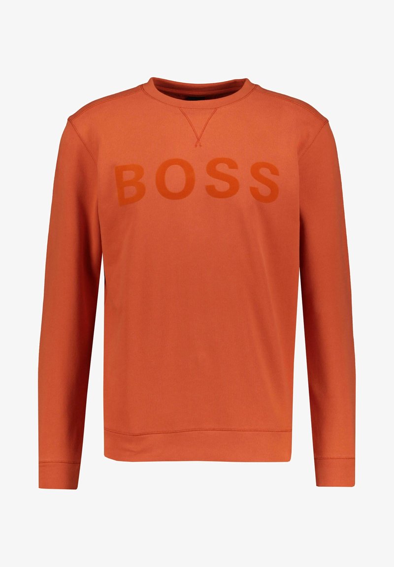 Sudadera naranja de manga larga, con un logo tonal "BOSS" en el frente. Está hecha de un tejido suave, tiene un cuello redondo y puños acanalados.