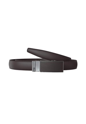 Dark brown leather belt rolled with rectangular silver and leather buckle, shown against white background.