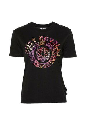 T-shirt nera in cotone con una grafica colorata di una tigre all'interno di un design circolare, con il testo "Just Cavalli" in tonalità vivaci.