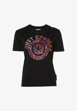 T-shirt nera in cotone con una grafica colorata di una tigre all'interno di un design circolare, con il testo "Just Cavalli" in tonalità vivaci.