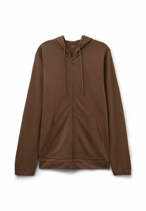 Braun zip-up Hoodie aus weichem Stoff, mit einer Fronttasche, verstellbaren Kordeln und langen Ärmeln mit engen Bündchen.