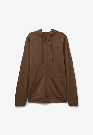 Braun zip-up Hoodie aus weichem Stoff, mit einer Fronttasche, verstellbaren Kordeln und langen Ärmeln mit engen Bündchen.