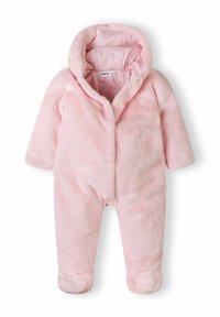 Roze fleece babypak met capuchon, met een zachte textuur, lange mouwen en gevoerde onderkant voor warmte en comfort.