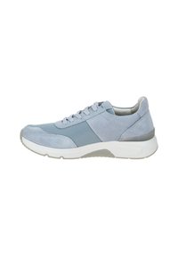Light blue athletic shoe with suede and mesh upper, lace-up design, padded collar, and rubber outsole. Subtle color blocking accents.