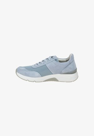 Light blue athletic shoe with suede and mesh upper, lace-up design, padded collar, and rubber outsole. Subtle color blocking accents.
