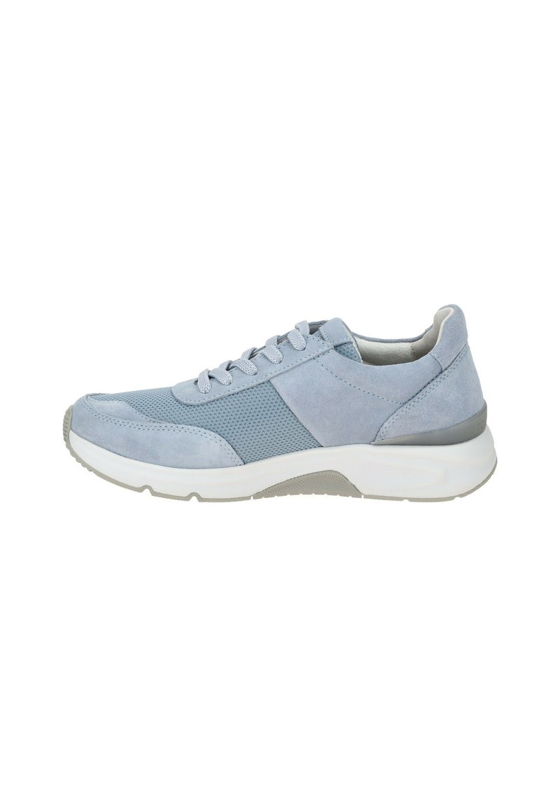 Light blue athletic shoe with suede and mesh upper, lace-up design, padded collar, and rubber outsole. Subtle color blocking accents.