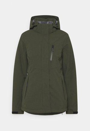 Chaqueta de invierno verde oscuro con capucha, cremallera frontal, bolsillo en el pecho con cremallera y dos bolsillos laterales, diseñada para uso al aire libre.