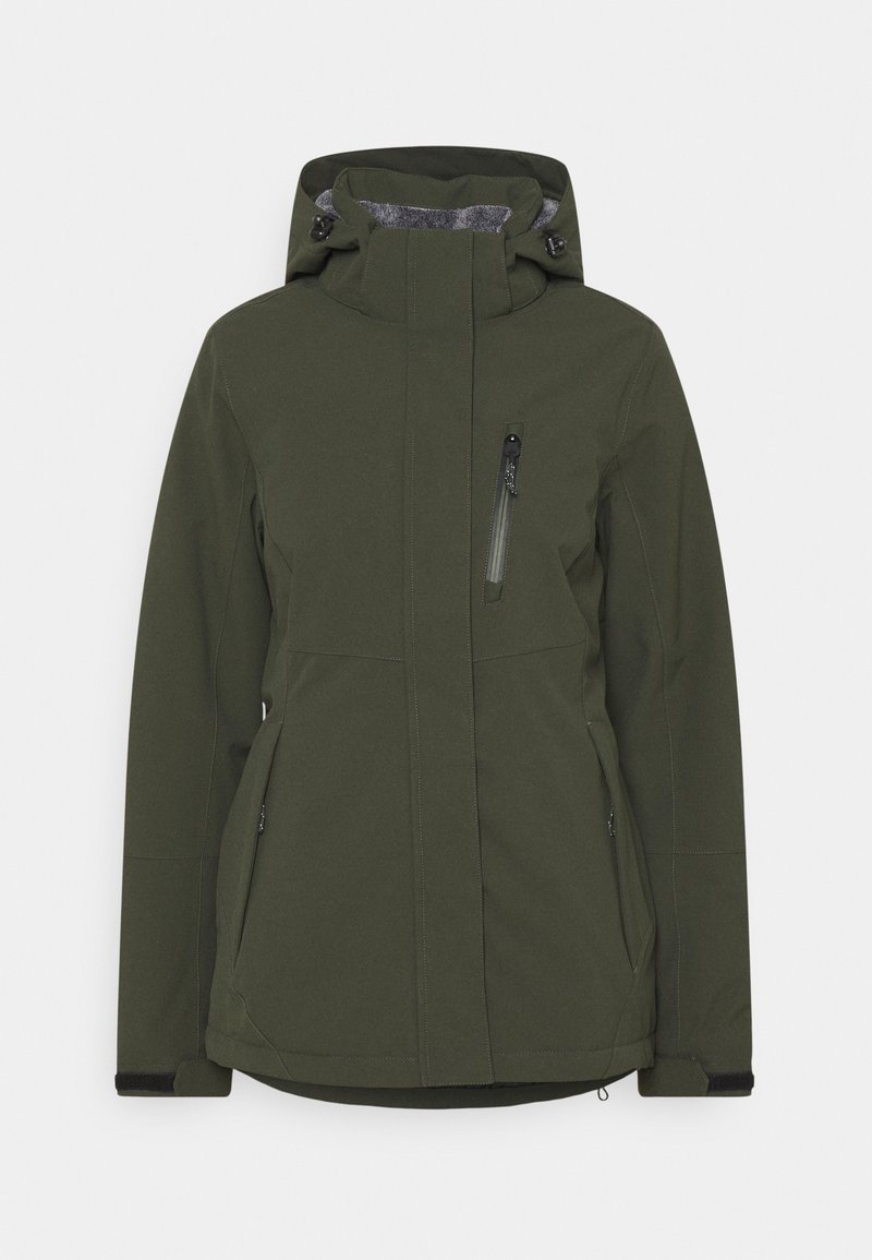 Veste d’hiver à capuche vert foncé avec fermeture éclair à l’avant, poche poitrine zippée et deux poches latérales, conçue pour une utilisation en extérieur.