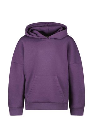 Paarse pullover hoodie van zachte stof, met een ruime voorkantzak, geribbelde manchetten en een aansluitende capuchon. Geen graphics of patronen.