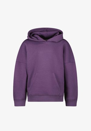 Paarse pullover hoodie van zachte stof, met een ruime voorkantzak, geribbelde manchetten en een aansluitende capuchon. Geen graphics of patronen.