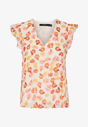 Mouwloze V-hals blouse met zwierige mouwen, met een rood, oranje, roze en geel bloemenpatroon op een witte achtergrond.