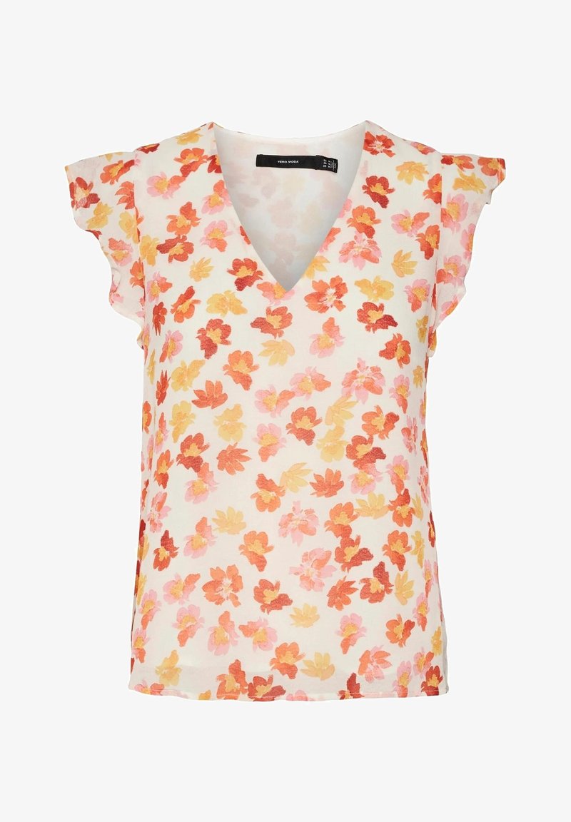 Blouse sans manches à col en V avec manches volantées, présentant un motif floral rouge, orange, rose et jaune sur fond blanc.
