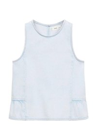 Lichtblauw mouwloos topje van lichte denim, met een ronde halslijn, sluiting aan de achterkant en een peplum zoomdetail. Soepele textuur.