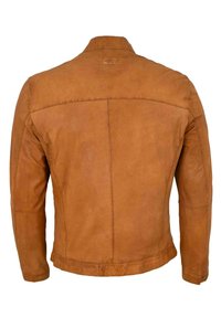 Braune Lederjacke mit einer glatten Textur, klassischem Kragen und sichtbaren Nähdetails auf dem Rücken und den Ärmeln.