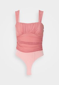 Bañador rosa con un corpiño recogido, tirantes anchos y un efecto ombré difuminado. Textura suave con un diseño de pierna alta.