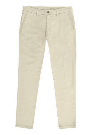 Pantaloni beige slim-fit realizzati in cotone. Presentano una chiusura con bottone, passanti per cintura e due tasche frontali. Texture liscia con un design pulito.