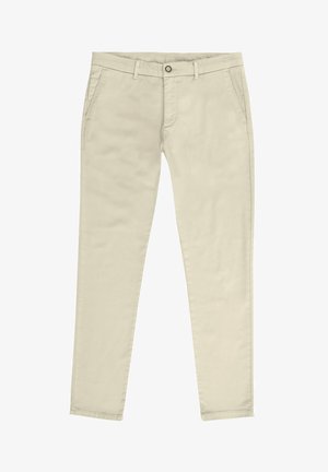 Pantalones slim-fit beige fabricados en algodón. Presentan un cierre de botón, presillas para el cinturón y dos bolsillos frontales. Textura suave con un diseño limpio.