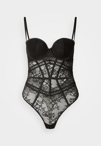 Μαύρο κορμάκι με δομημένο σχέδιο από δαντέλα, μπανέλες, ρυθμιζόμενους ιμάντες και διαφανές κάτω μέρος από δίχτυ με περίτεχνα μοτίβα.